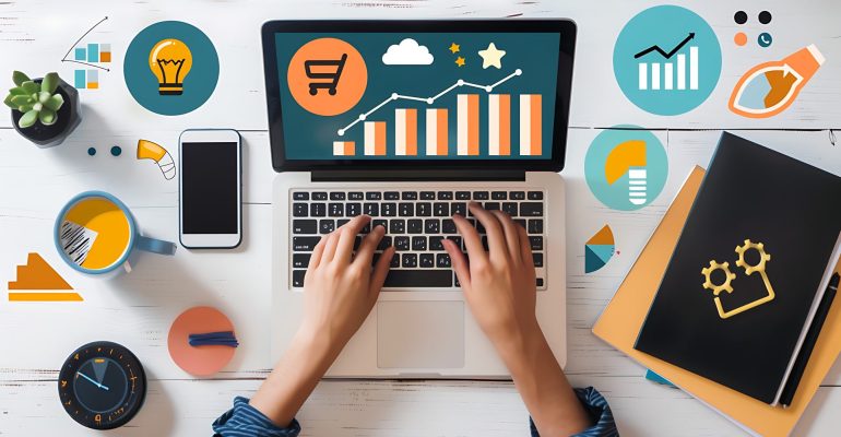top-view-woman-using-laptop-with-business-icons-screen-online-shopping-concept